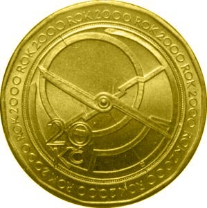 Image of 20 koruna coin - Millennium | Czech Republic 2000.  The Brass coin is of UNC quality.