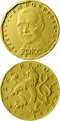 Image of 20 koruna coin - Vilém Pospíšil | Czech Republic 2019.  The Brass coin is of UNC quality.