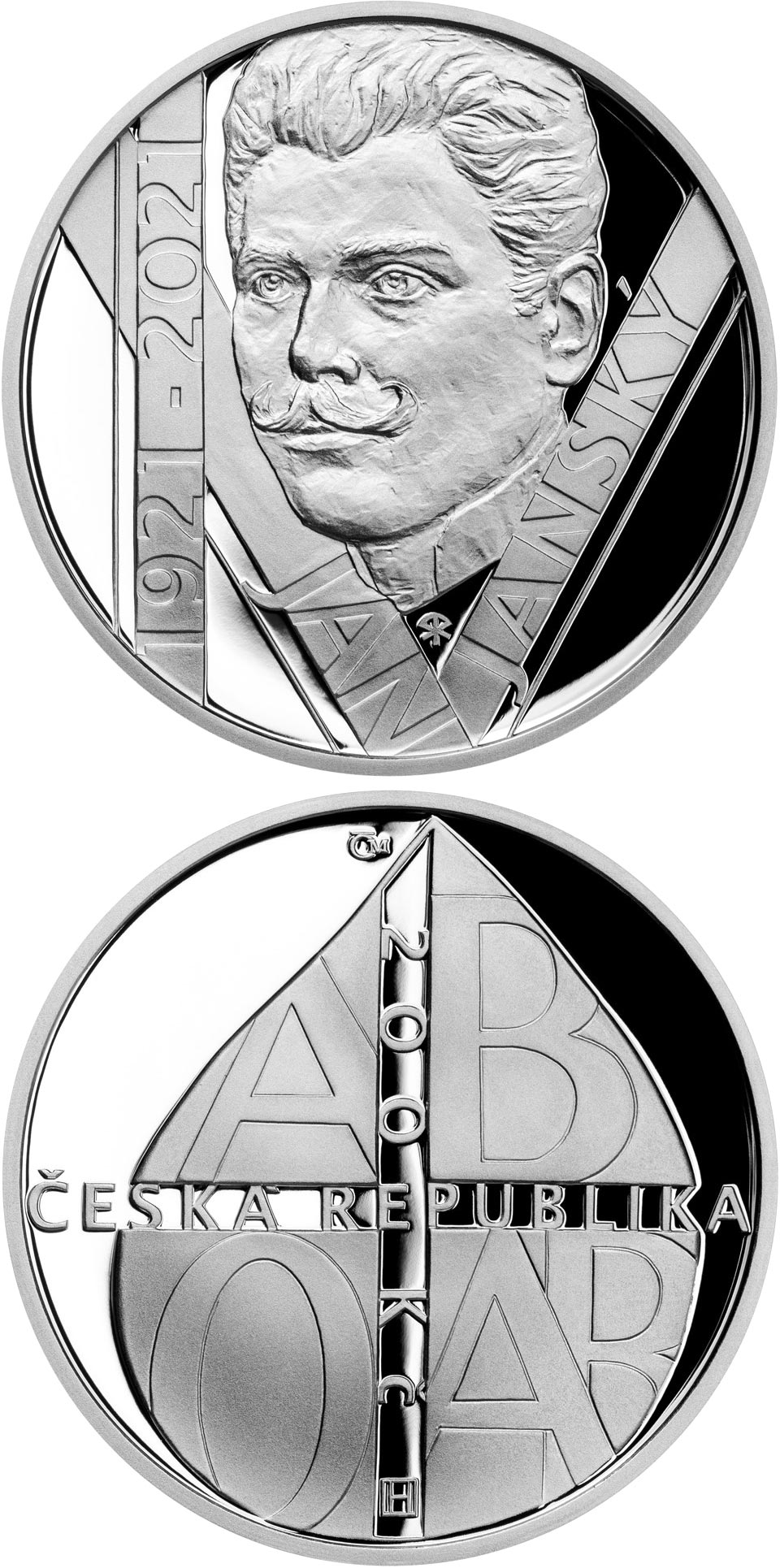 Image of 200 koruna coin - 100th Anniversary of the Death of Jan Janský | Czech Republic 2021.  The Silver coin is of Proof, BU quality.