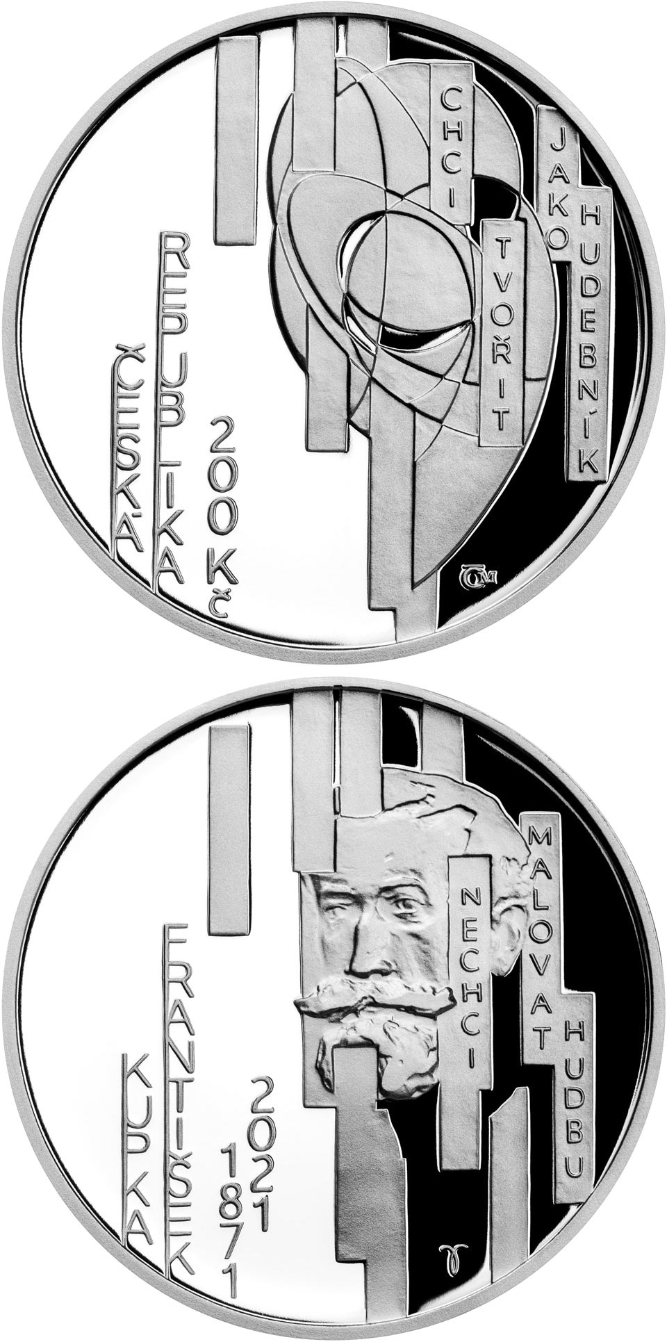 Image of 200 koruna coin - 150th Anniversary of the Birth of František Kupka | Czech Republic 2021.  The Silver coin is of Proof, BU quality.