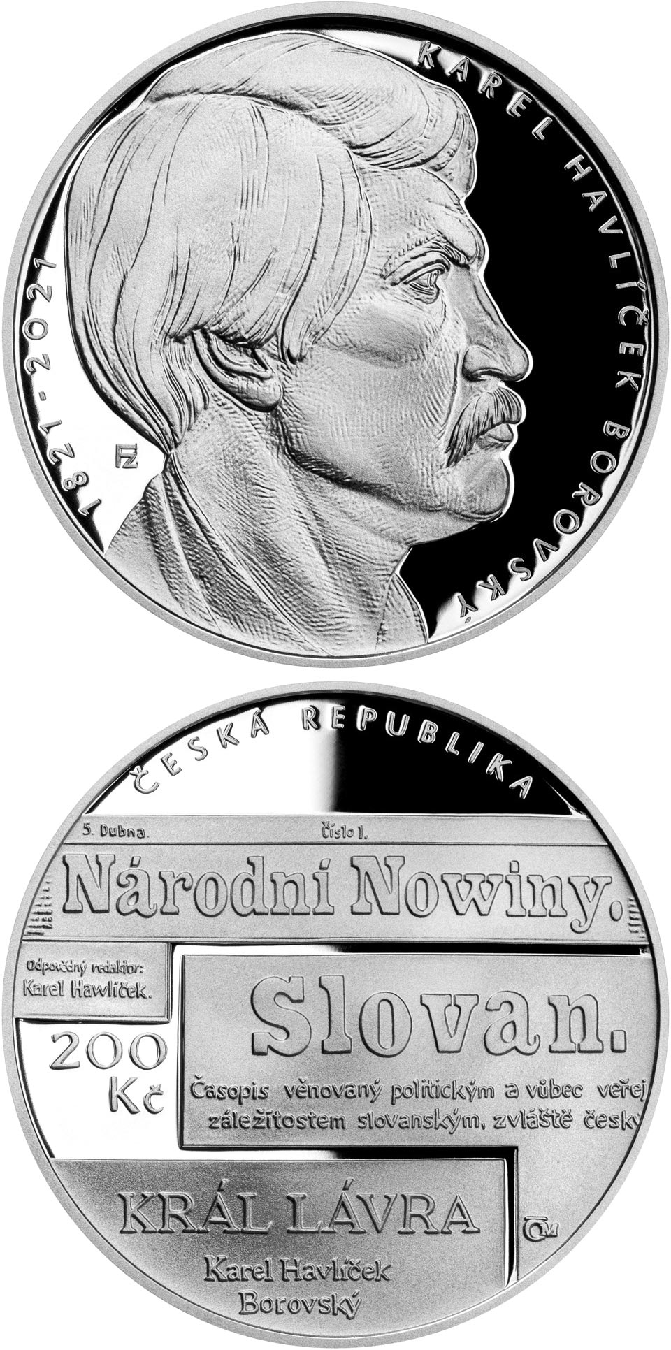 Image of 200 koruna coin - 200th Anniversary of the Birth of Karel Havlíček Borovský | Czech Republic 2021.  The Silver coin is of Proof, BU quality.