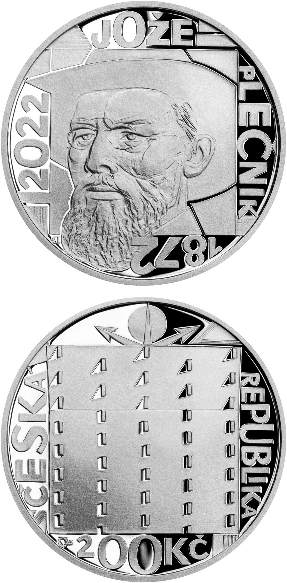 Image of 200 koruna coin - 150th Anniversary of the Birth of Jože Plečnik | Czech Republic 2022.  The Silver coin is of Proof, BU quality.
