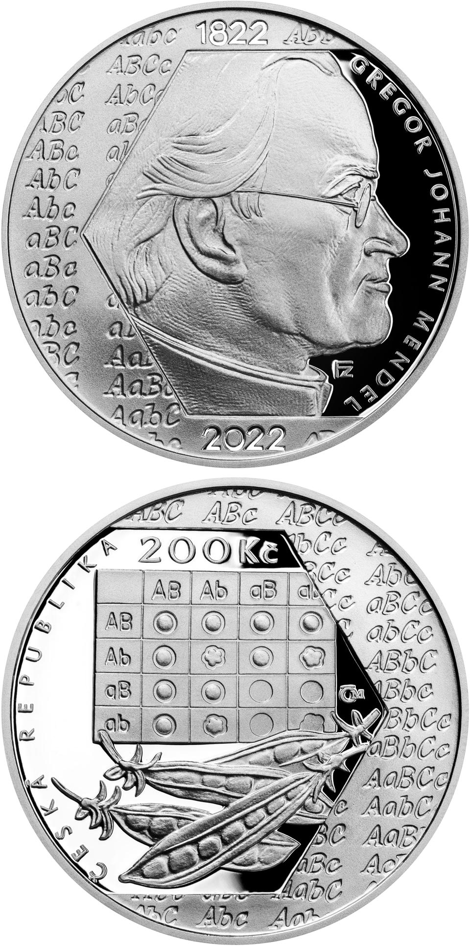 Image of 200 koruna coin - 200th Anniversary of the Birth of Gregor Mendel | Czech Republic 2022.  The Silver coin is of Proof, BU quality.