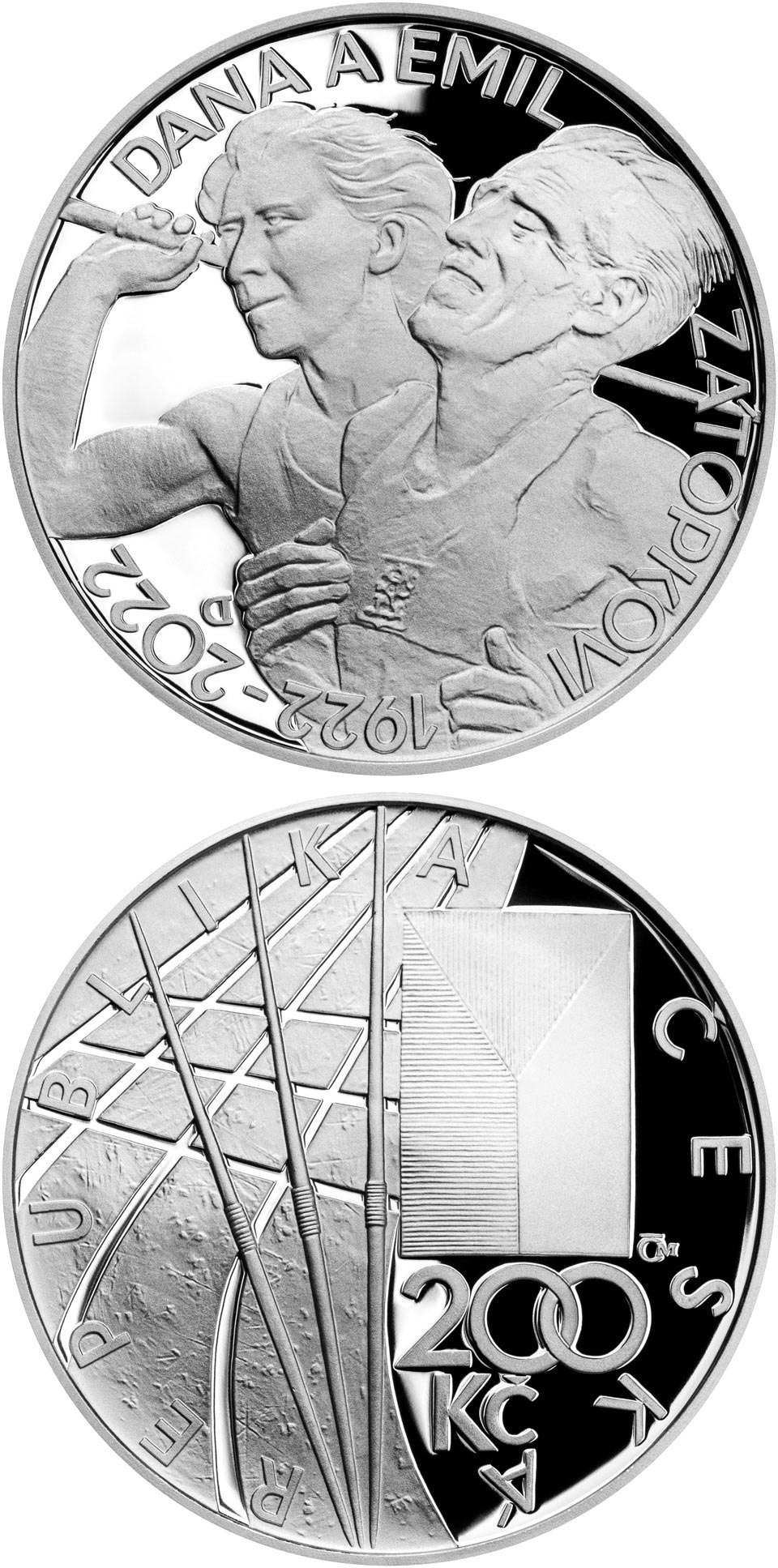 Image of 200 koruna coin - 100th Anniversary of the Birth of Dana Zátopková and Emil Zátopek | Czech Republic 2022.  The Silver coin is of Proof, BU quality.