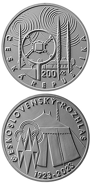 Image of 200 koruna coin - 100th Anniversary of the Start of regular broadcasting by Czechoslovak Radio | Czech Republic 2023.  The Silver coin is of Proof, BU quality.