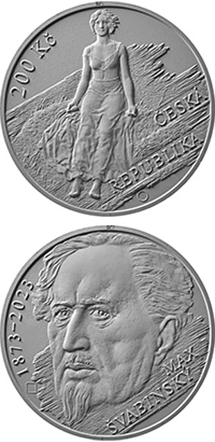 Image of 200 koruna coin - 150th Anniversary of the Birth of Max Švabinský | Czech Republic 2023.  The Silver coin is of Proof, BU quality.