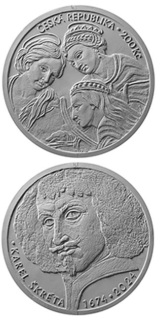 Image of 200 koruna coin - 350th Anniversary of the Death of Karel Škréta | Czech Republic 2024.  The Silver coin is of Proof, BU quality.