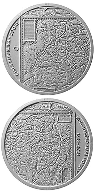 Image of 200 koruna coin - Publication of Comenius’ map of Moravia | Czech Republic 2024.  The Silver coin is of Proof, BU quality.