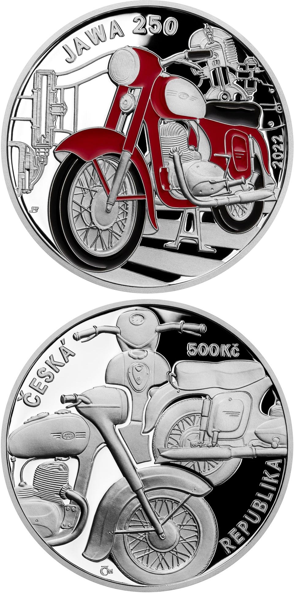 Image of 500 koruna coin - Jawa 250 motorcycle | Czech Republic 2022.  The Silver coin is of Proof, BU quality.
