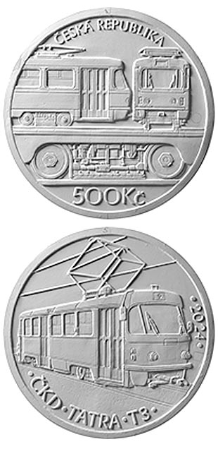 Image of 500 koruna coin - ČKD Tatra T3 tram | Czech Republic 2024.  The Silver coin is of Proof, BU quality.