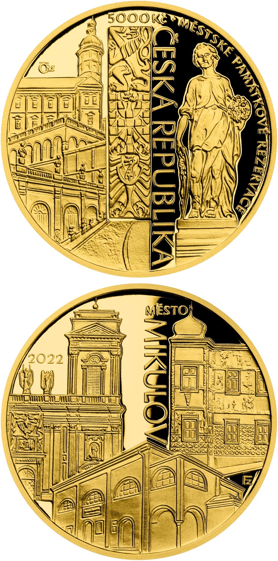 Image of 5000 koruna coin - Mikulov | Czech Republic 2022.  The Gold coin is of Proof, BU quality.