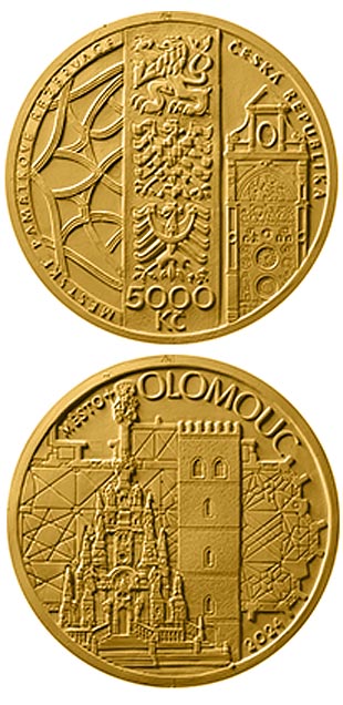 Image of 5000 koruna coin - Olomouc | Czech Republic 2024.  The Gold coin is of Proof, BU quality.
