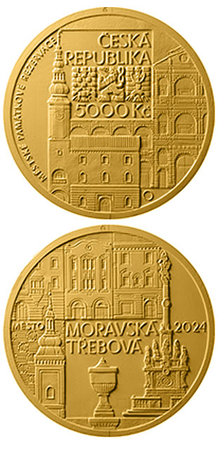 Image of 5000 koruna coin - Moravská Třebová | Czech Republic 2024.  The Gold coin is of Proof, BU quality.