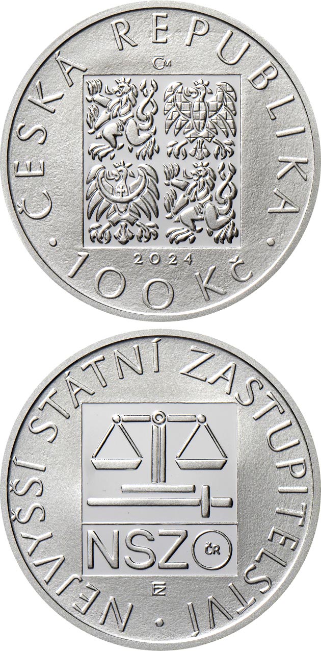 Image of 100 koruna coin - Prosecutor General’s Office | Czech Republic 2024.  The Silver coin is of Proof quality.