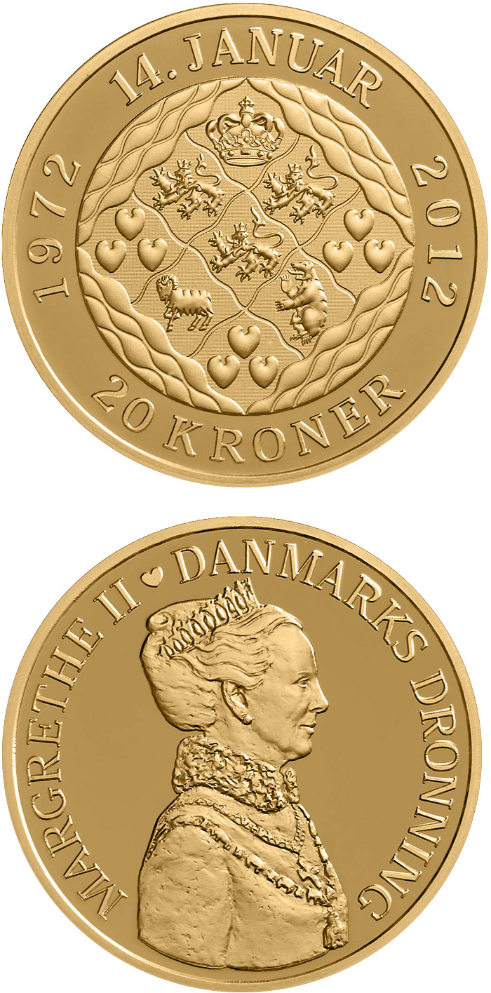 Image of 20 krone coin - Queen Margrethe's 40th jubilee | Denmark 2012.  The Nordic gold (CuZnAl) coin is of Proof, UNC quality.