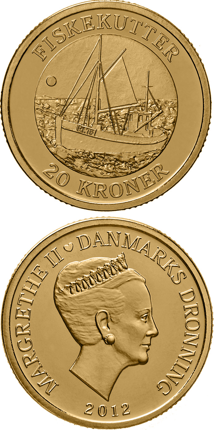 Image of 10 krone coin - Fishing Vessel | Denmark 2012.  The Nordic gold (CuZnAl) coin is of Proof, BU, UNC quality.