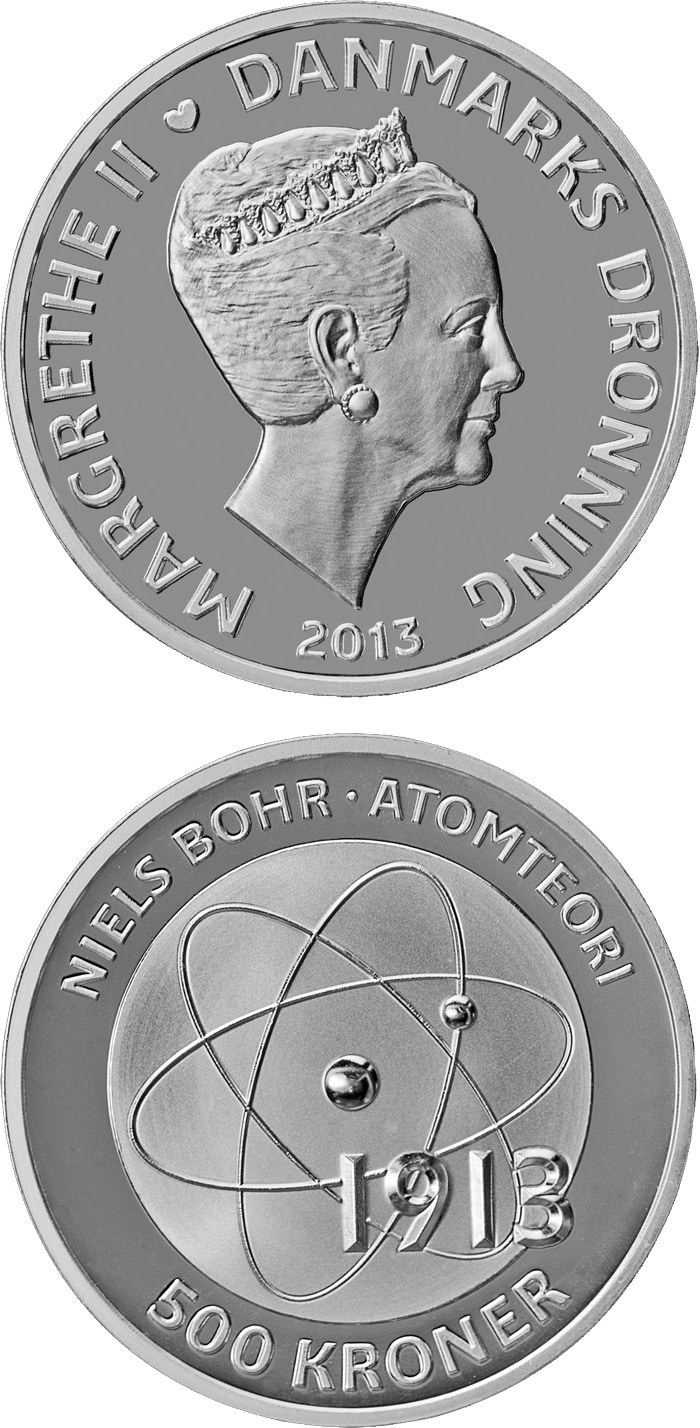Image of 500 krone coin - Niels Bohr - Atomic model | Denmark 2013.  The Silver coin is of Proof quality.