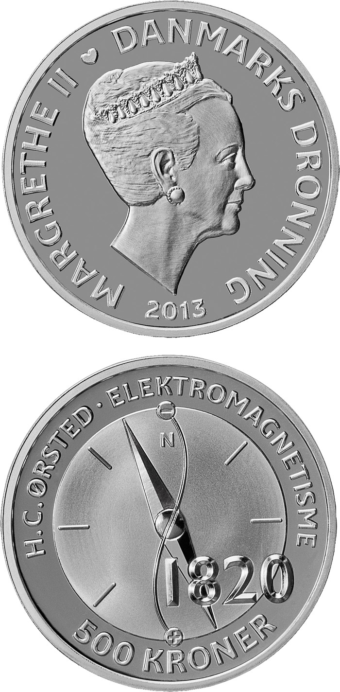 Image of 500 krone coin - H. C. Ørsted - Electromagnetism | Denmark 2013.  The Silver coin is of Proof quality.