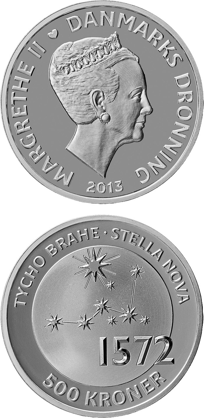Image of 500 krone coin - Tycho Brahe 	- Stella Nova | Denmark 2013.  The Silver coin is of Proof quality.