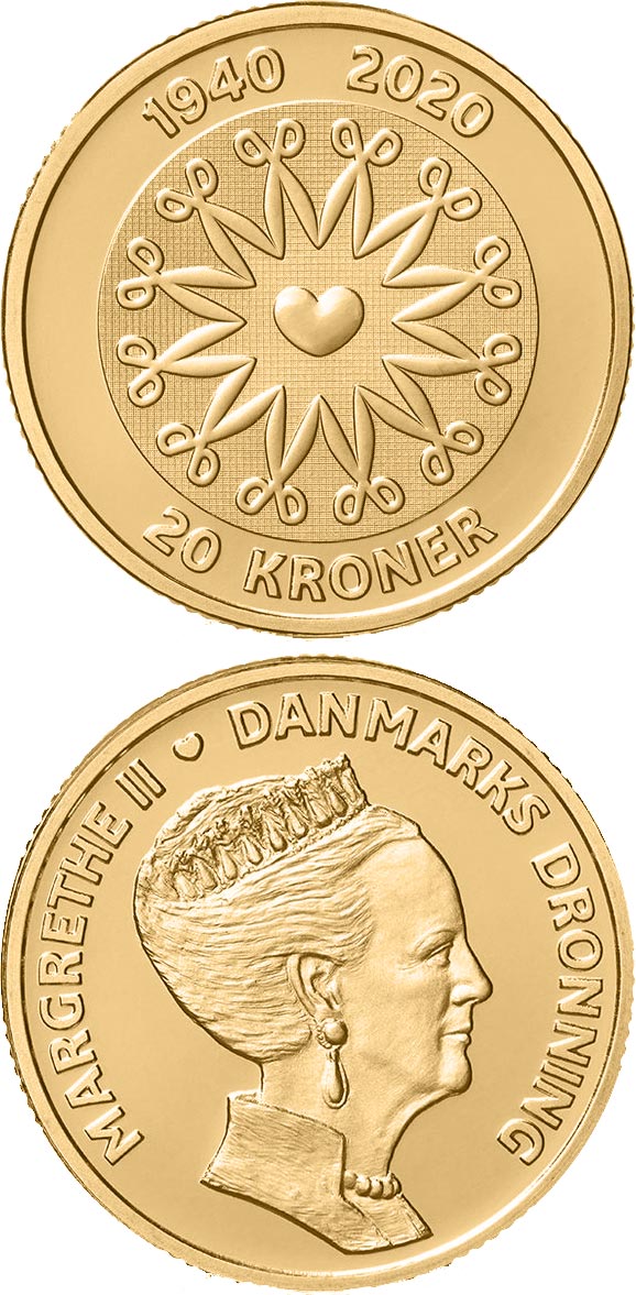 Image of 20 krone coin - HM Queen Margrethe II´s 80th birthday | Denmark 2020.  The Nordic gold (CuZnAl) coin is of Proof, UNC quality.