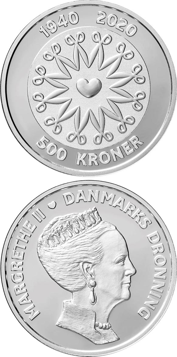 Image of 500 krone coin - HM Queen Margrethe II´s 80th birthday | Denmark 2020.  The Silver coin is of Proof quality.