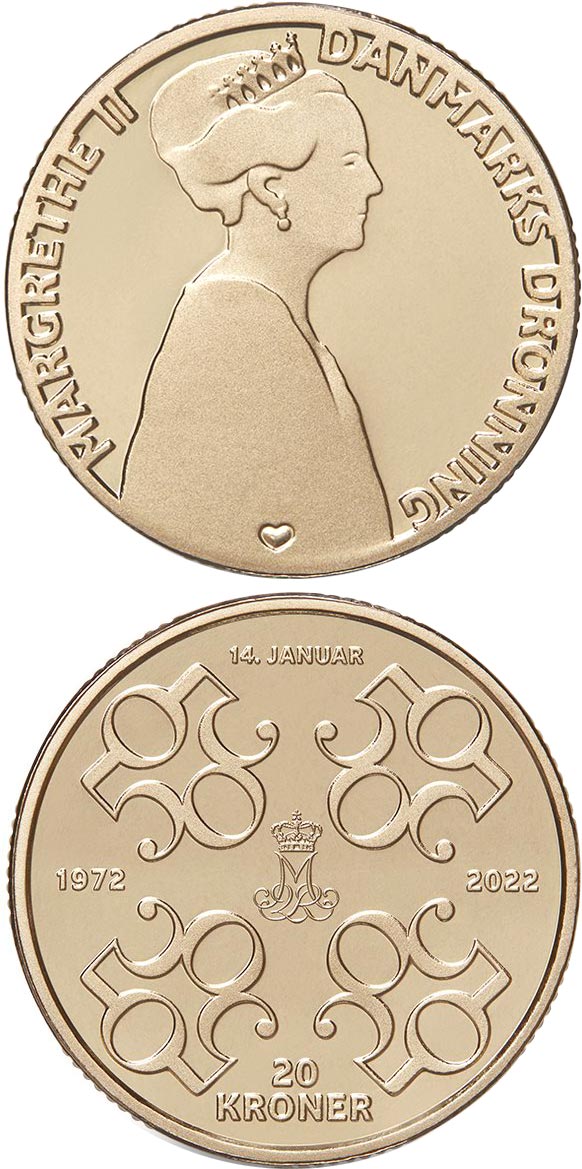 Image of 20 krone coin - HM Queen Margrethe II´s 50th jubilee | Denmark 2022.  The Nordic gold (CuZnAl) coin is of UNC quality.