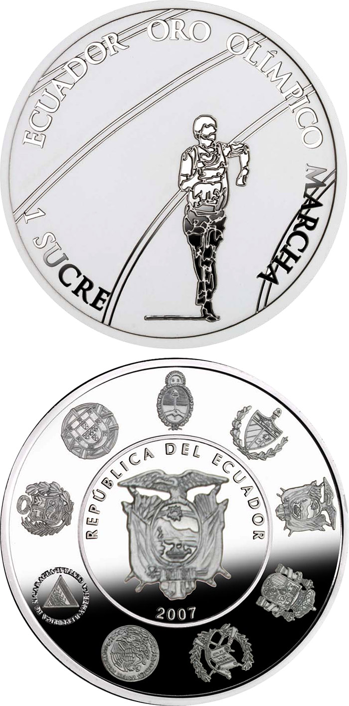 Image of 1 sucre coin - The Olympic Games – Race walking | Ecuador 2007.  The Silver coin is of Proof quality.