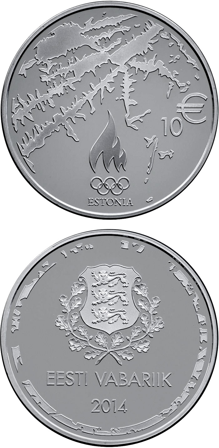 Image of 10 euro coin - XXII Olympic Winter Games in Sochi | Estonia 2014.  The Silver coin is of Proof quality.