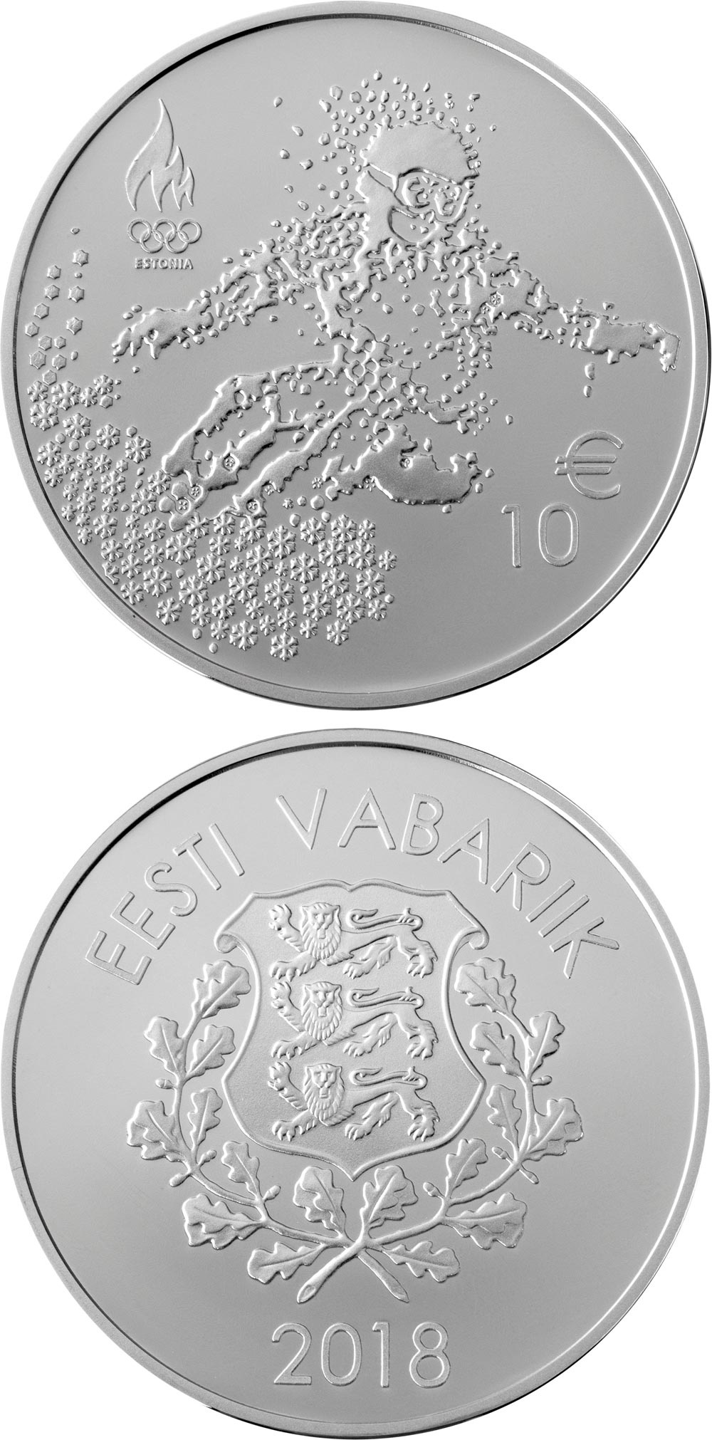 Image of 10 euro coin - The XXIII Winter Olympics Games | Estonia 2018.  The Silver coin is of Proof quality.