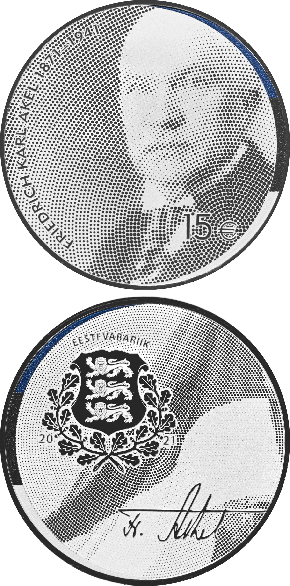 Image of 15 euro coin - 150th anniversary of the birth of Friedrich Karl Akel | Estonia 2021.  The Silver coin is of Proof quality.