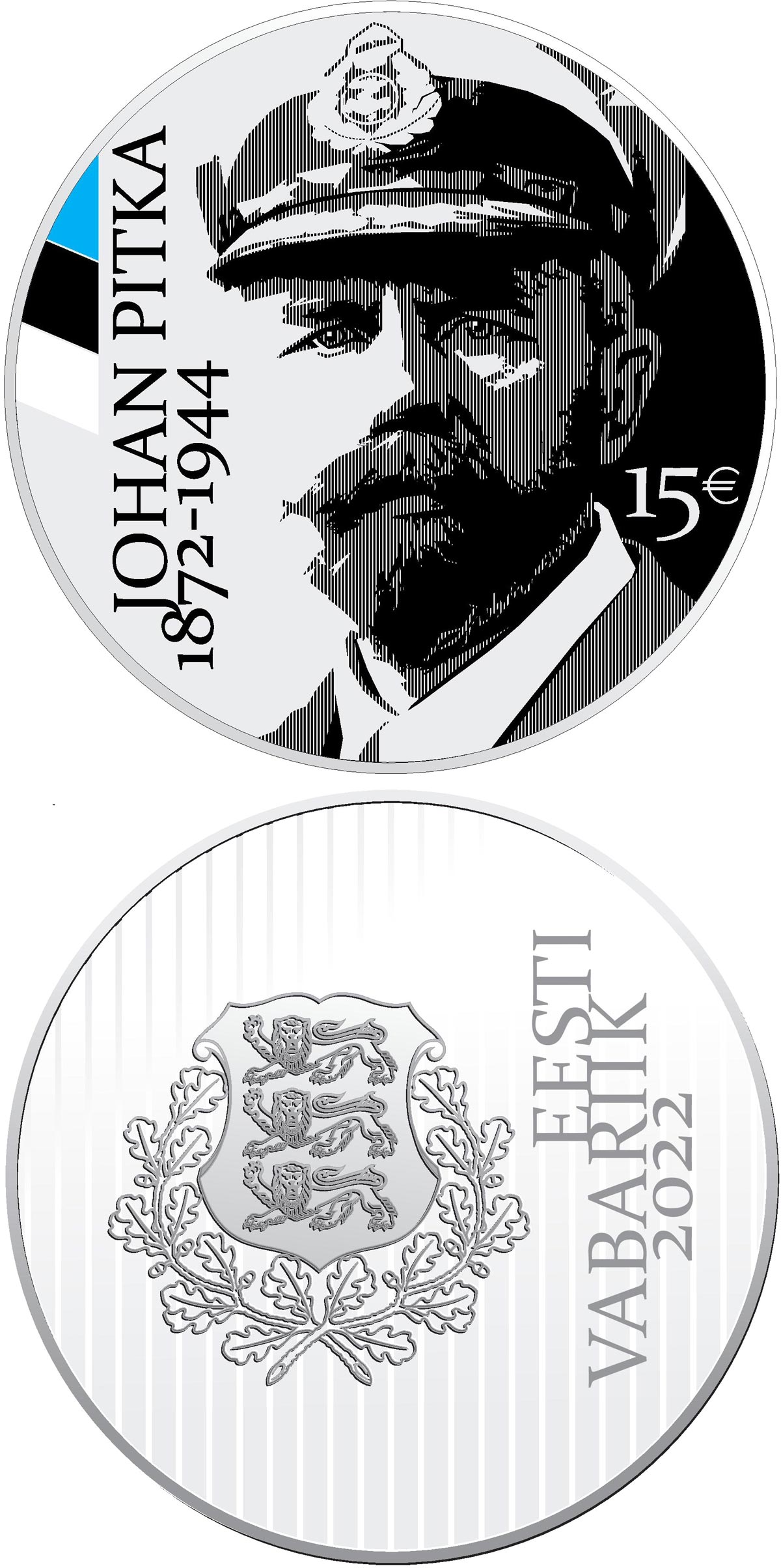 Image of 15 euro coin - 150th anniversary of the birth of Johan Pitka | Estonia 2022.  The Silver coin is of Proof quality.