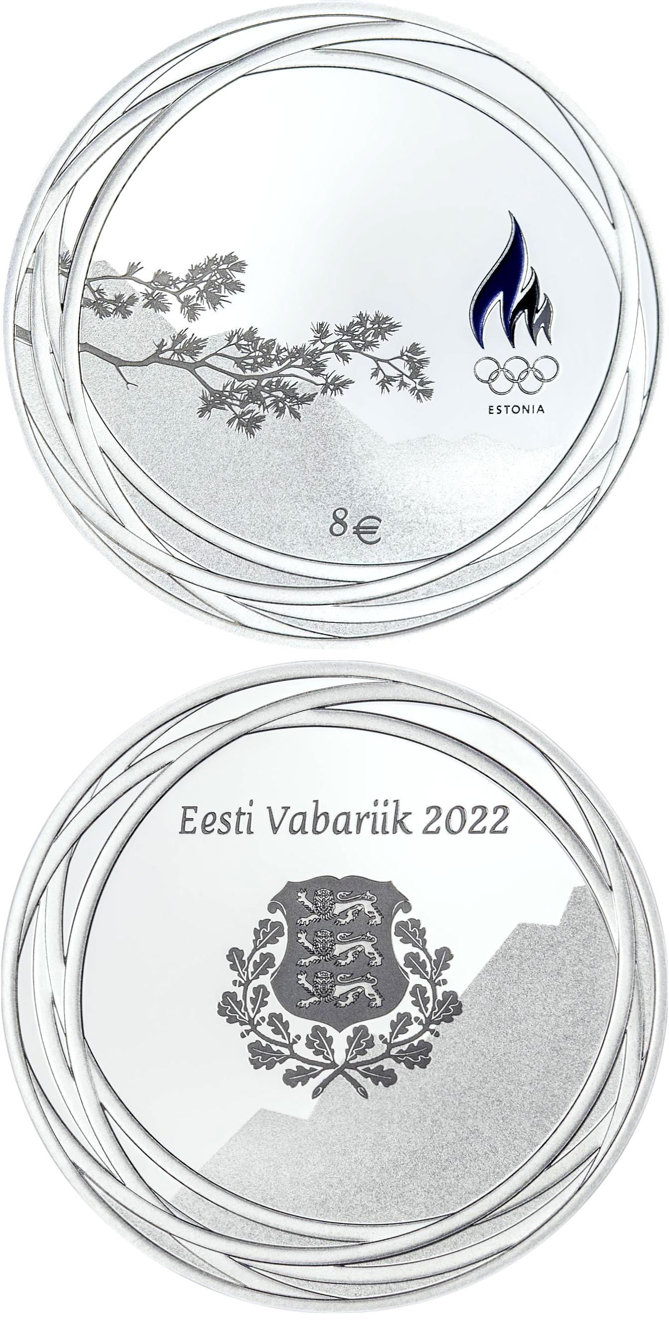 Image of 8 euro coin - XXIV Olympic Winter Games in Beijing | Estonia 2022.  The Silver coin is of Proof quality.