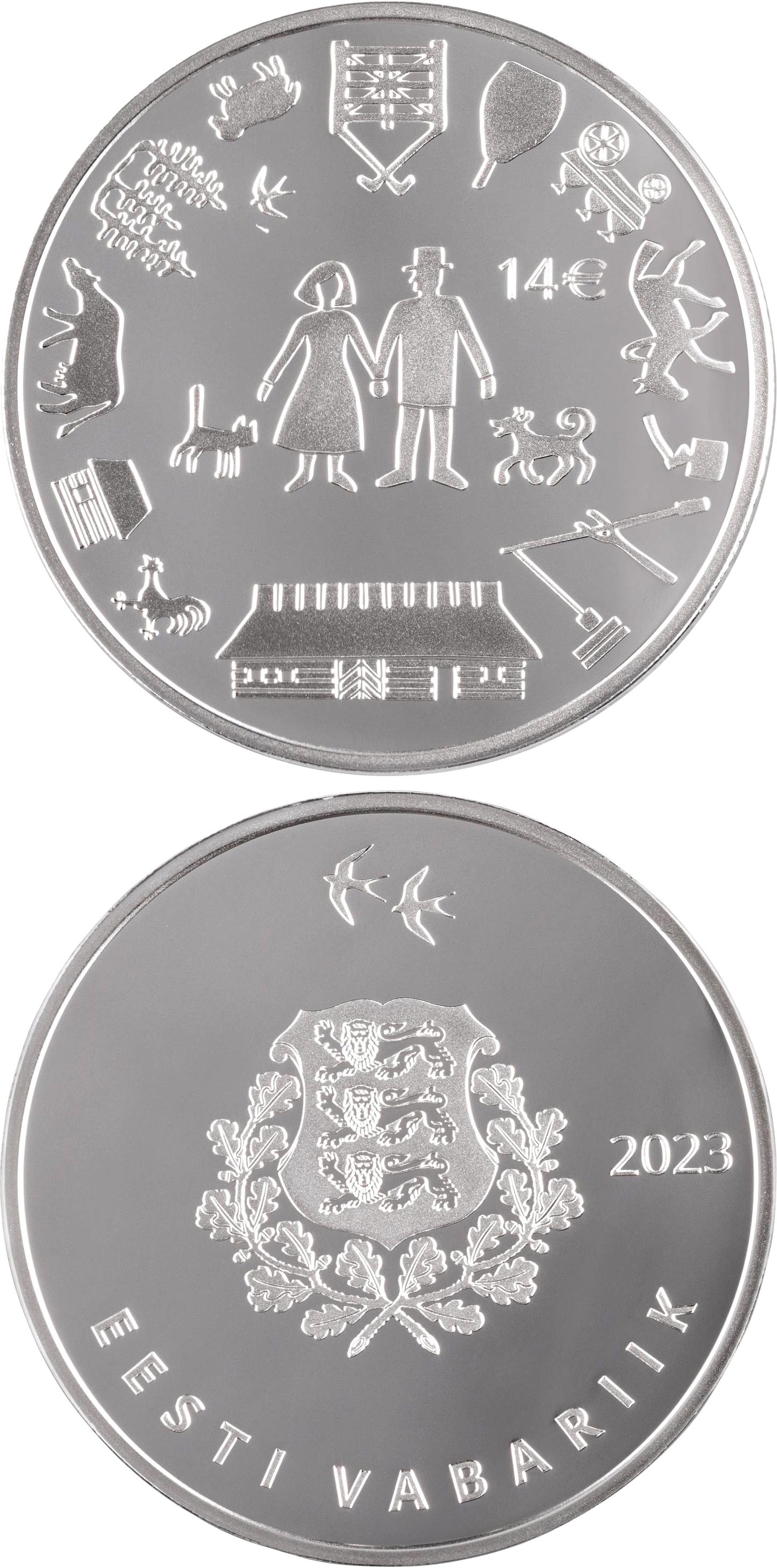 Image of 14 euro coin - Estonian farming couple | Estonia 2023.  The Silver coin is of Proof quality.