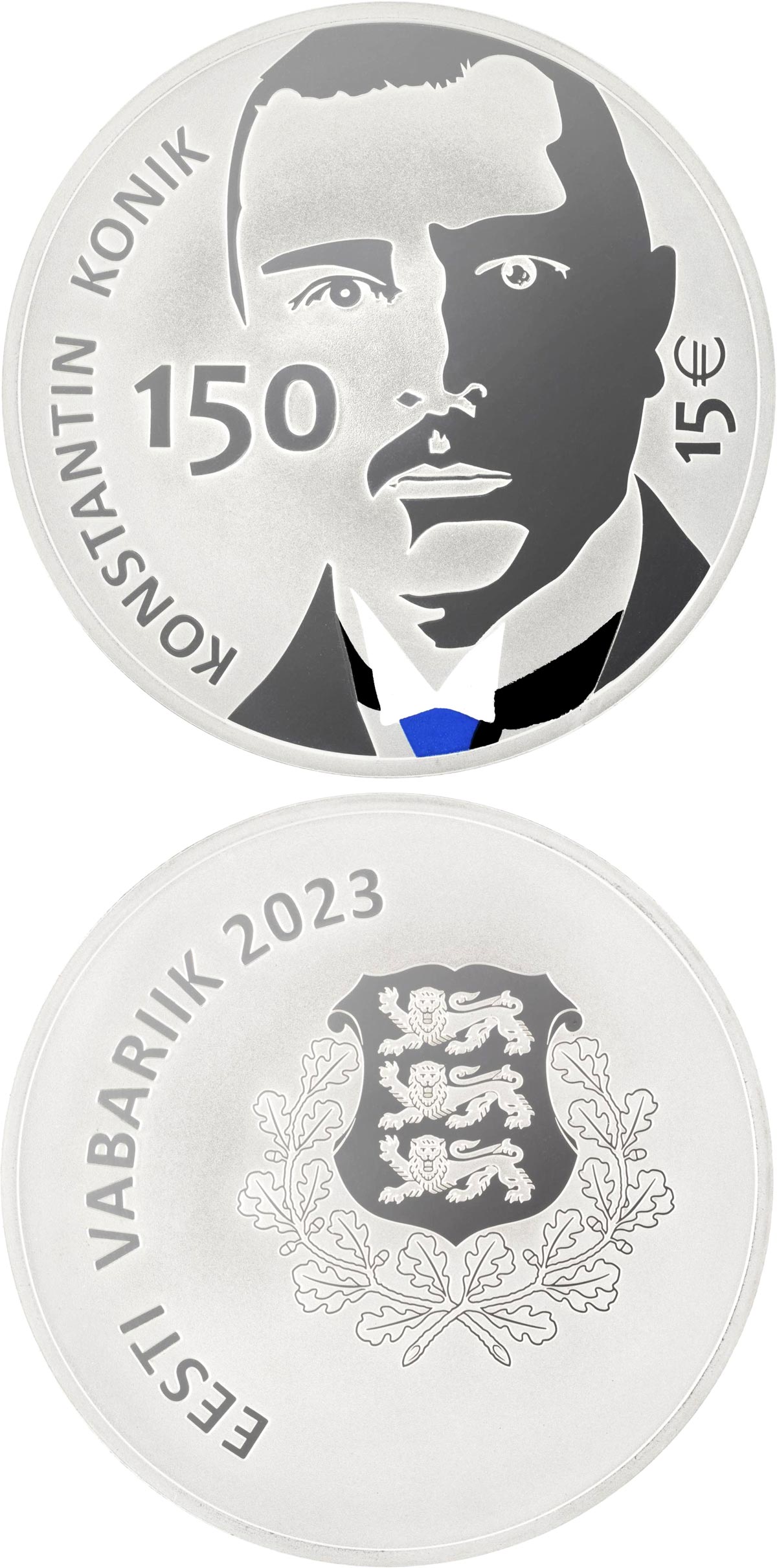 Image of 15 euro coin - 150th anniversary of the birth of Konstantin Konik | Estonia 2023.  The Silver coin is of Proof quality.
