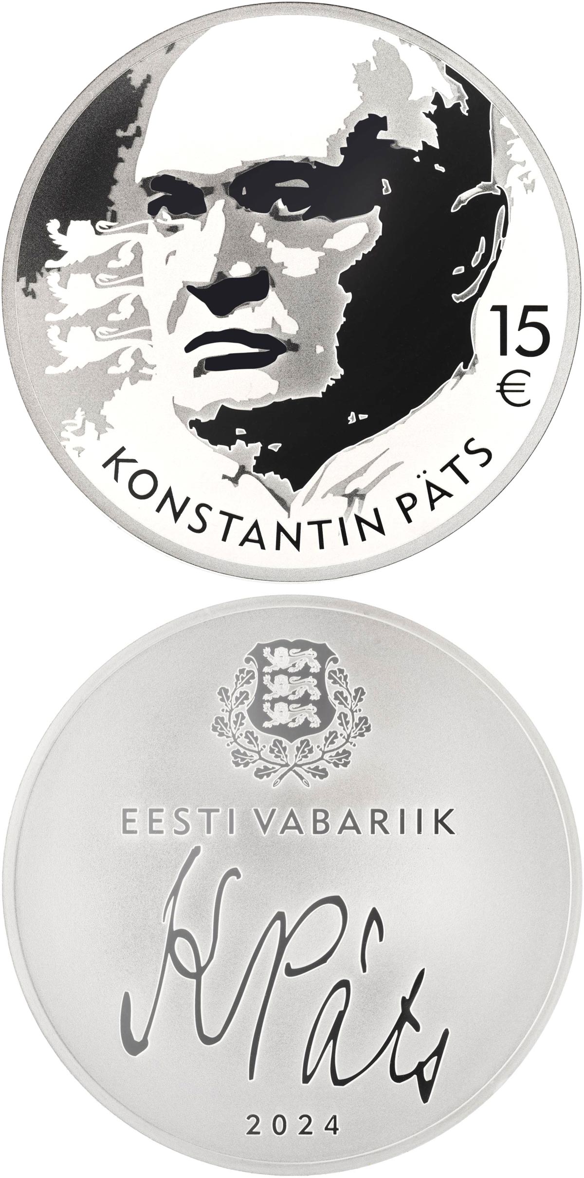 Image of 15 euro coin - 150th anniversary of the birth of Konstantin Päts | Estonia 2025.  The Silver coin is of Proof quality.