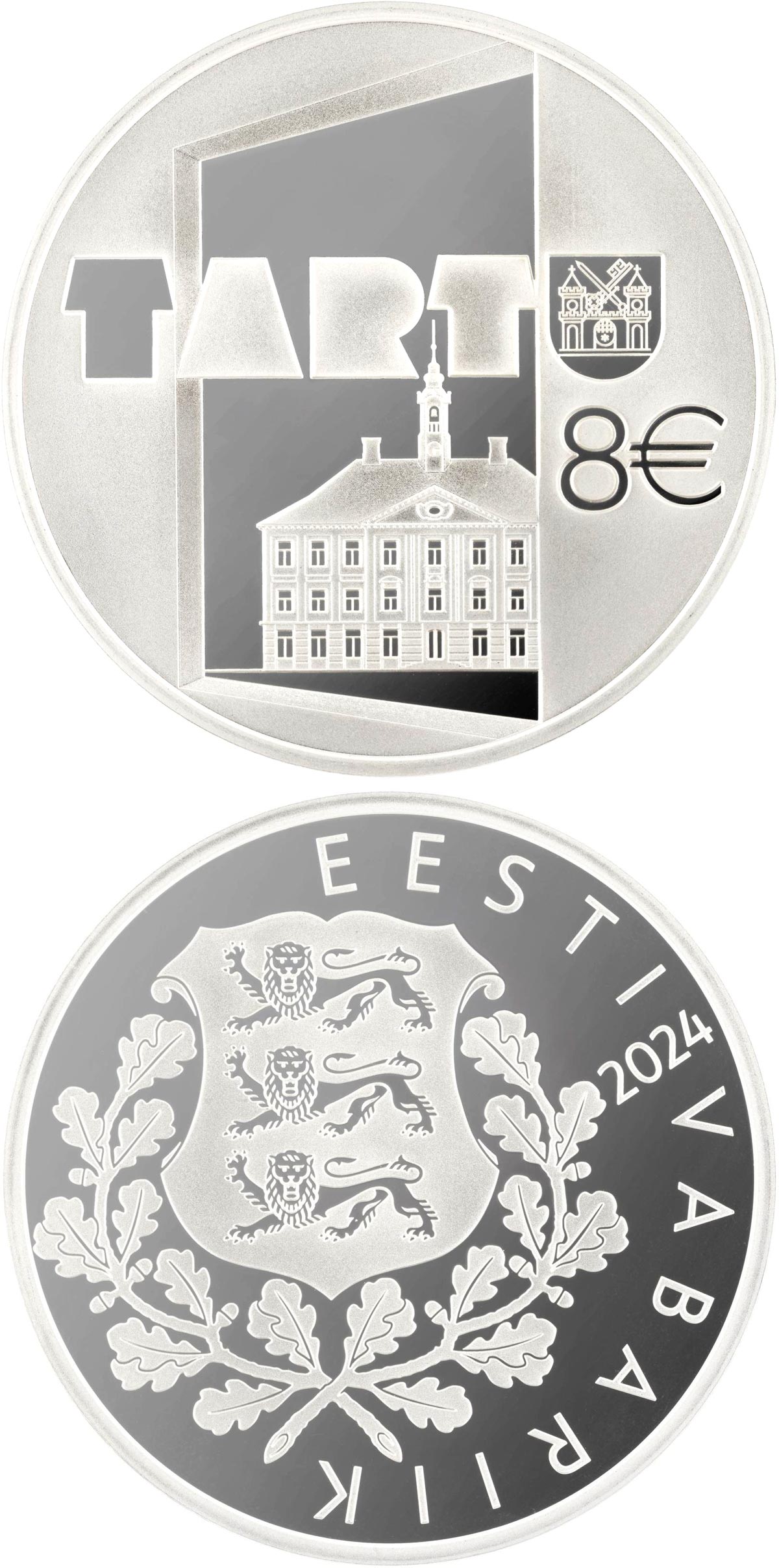 Image of 8 euro coin - Hanseatic town of Tartu | Estonia 2025.  The Silver coin is of Proof quality.