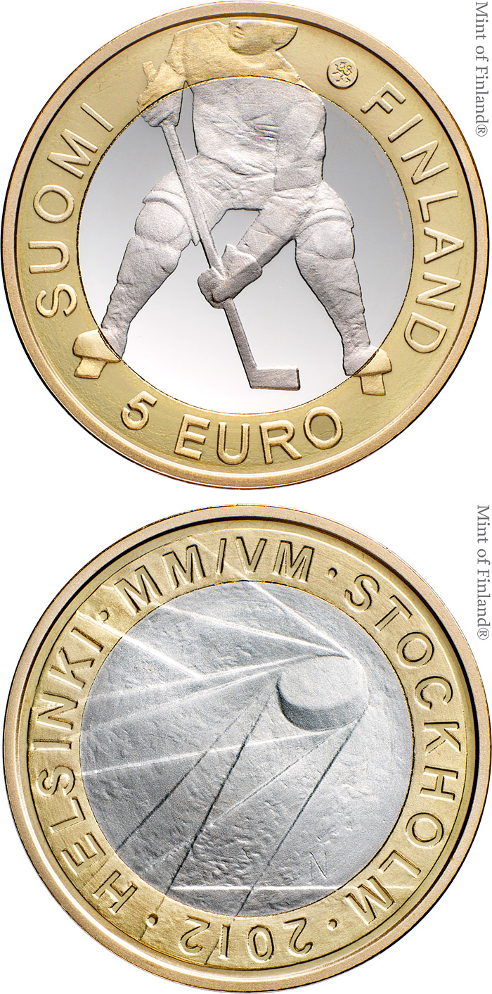 Image of 5 euro coin - 2012 IIHF Ice Hockey World Championship | Finland 2012.  The Bimetal: CuNi, nordic gold coin is of Proof, BU quality.