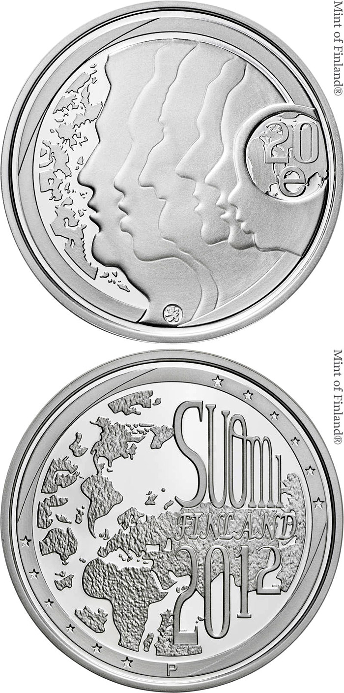 Image of 20 euro coin - The Equality and Tolerance | Finland 2012.  The Silver coin is of Proof, BU quality.