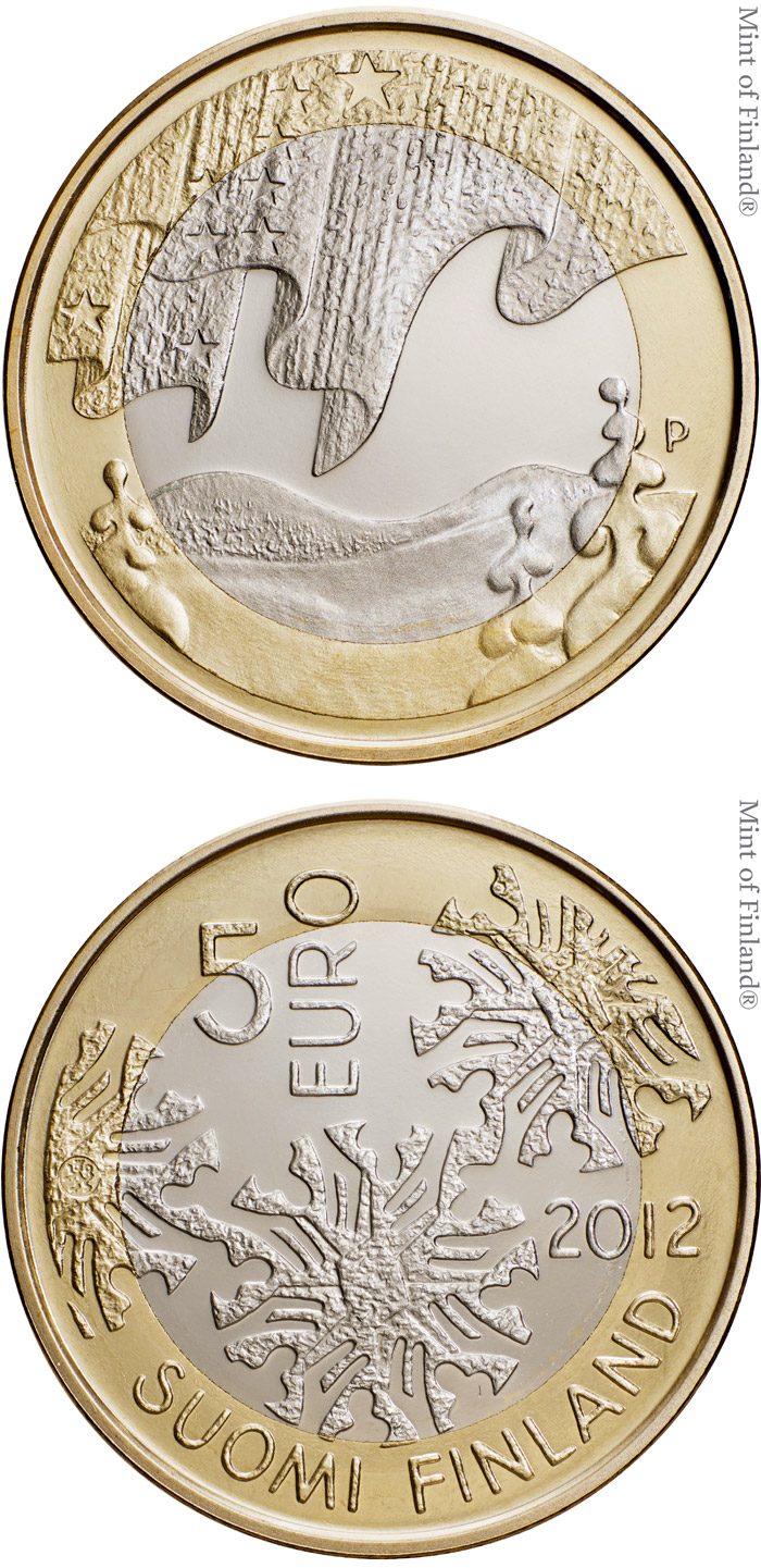 Image of 5 euro coin - Winter | Finland 2012.  The Bimetal: CuNi, nordic gold coin is of Proof, UNC quality.