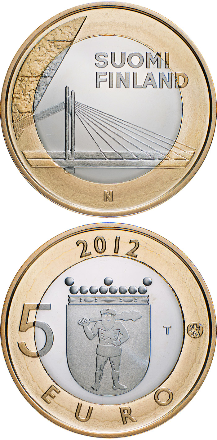 Image of 5 euro coin - Lappi: The Jätkänkynttilä Bridge in Rovaniemi | Finland 2012.  The Bimetal: CuNi, nordic gold coin is of Proof, BU quality.