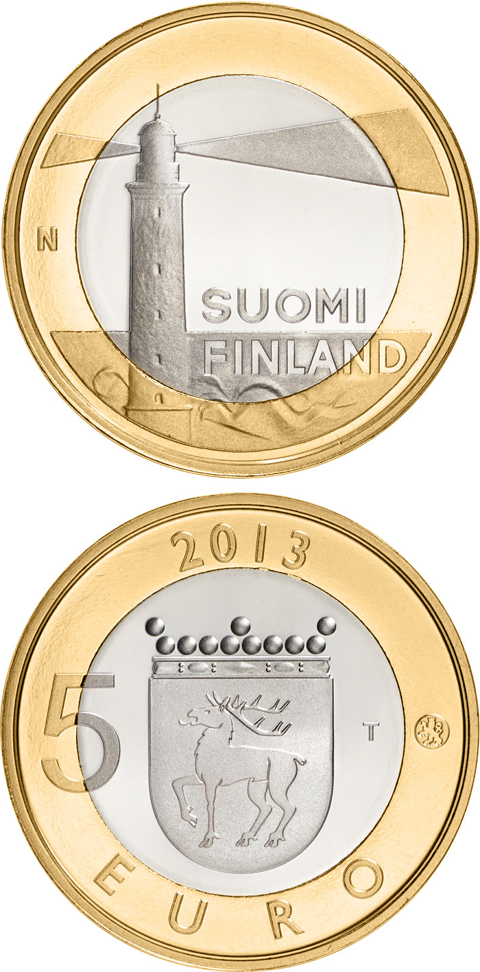 Image of 5 euro coin - Åland: Sälskär lighthouse | Finland 2013.  The Bimetal: CuNi, nordic gold coin is of Proof, BU quality.
