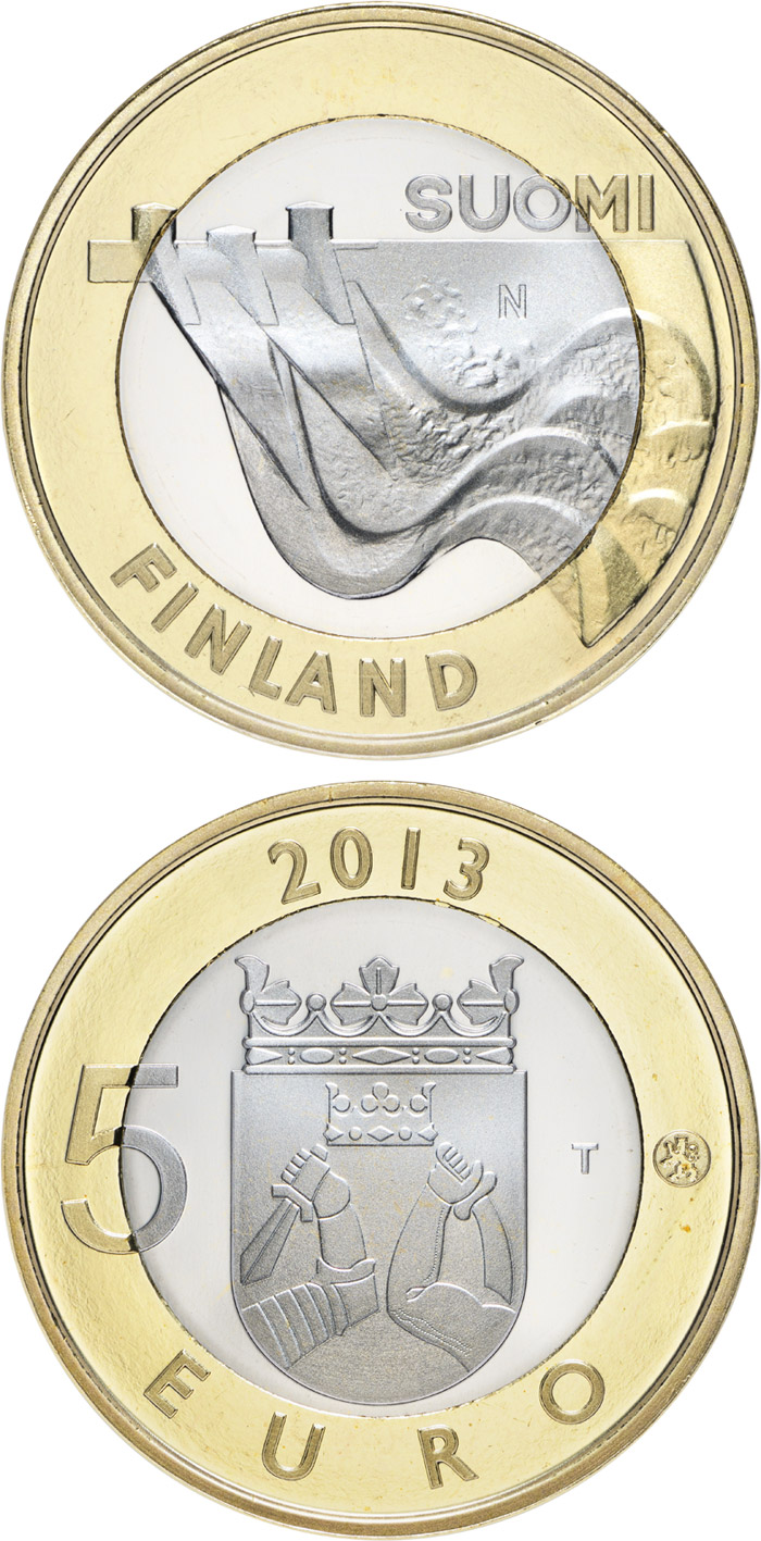 Image of 5 euro coin - Karelia: Imatra power plant | Finland 2013.  The Bimetal: CuNi, nordic gold coin is of Proof, BU quality.
