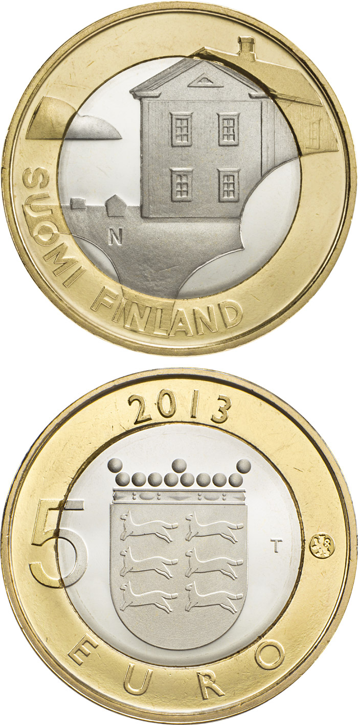 Image of 5 euro coin - Ostrobothnian: Ostrobothnian house | Finland 2013.  The Bimetal: CuNi, nordic gold coin is of Proof, BU quality.