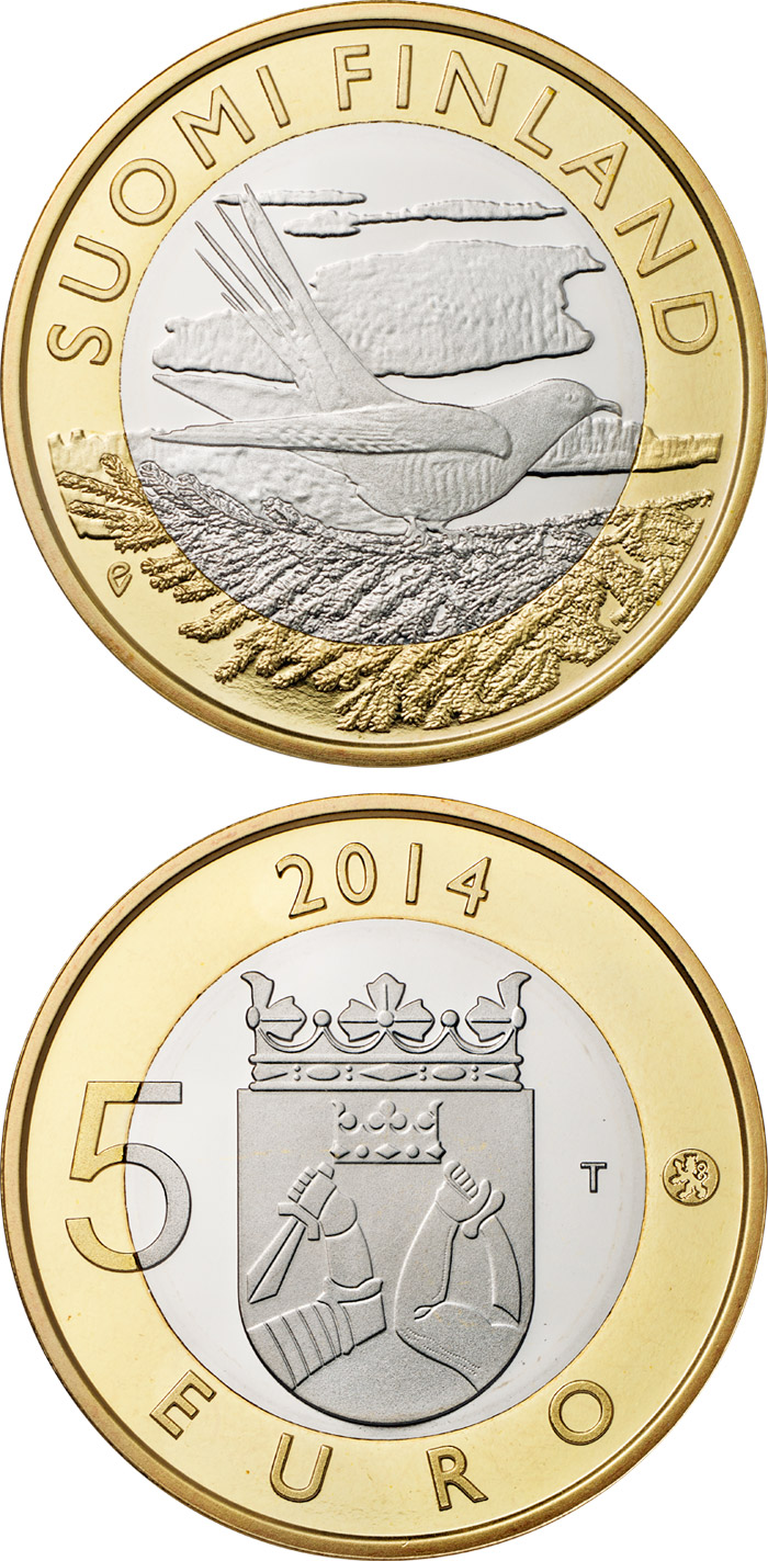 Image of 5 euro coin - Animals of the Provinces – Karelia: The cuckoo | Finland 2014.  The Bimetal: CuNi, nordic gold coin is of Proof, UNC quality.