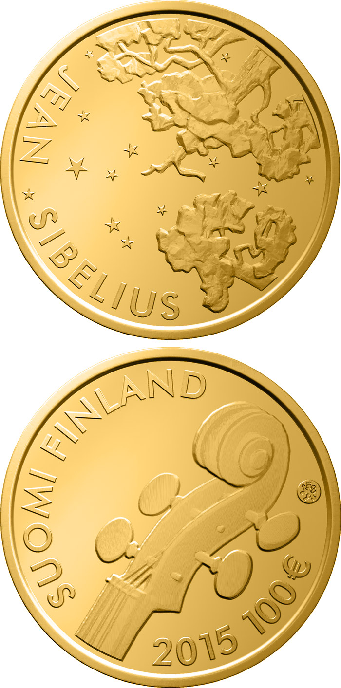 Image of 100 euro coin - 150th Anniversary of the Birth of Jean Sibelius | Finland 2015.  The Gold coin is of Proof quality.