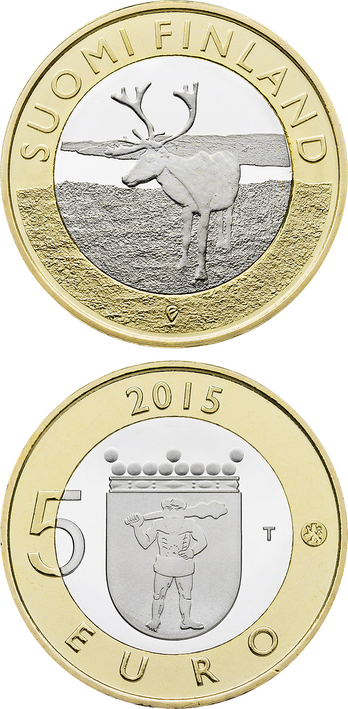 Image of 5 euro coin - Animals of the Provinces – Lapland | Finland 2015.  The Bimetal: CuNi, nordic gold coin is of Proof, UNC quality.