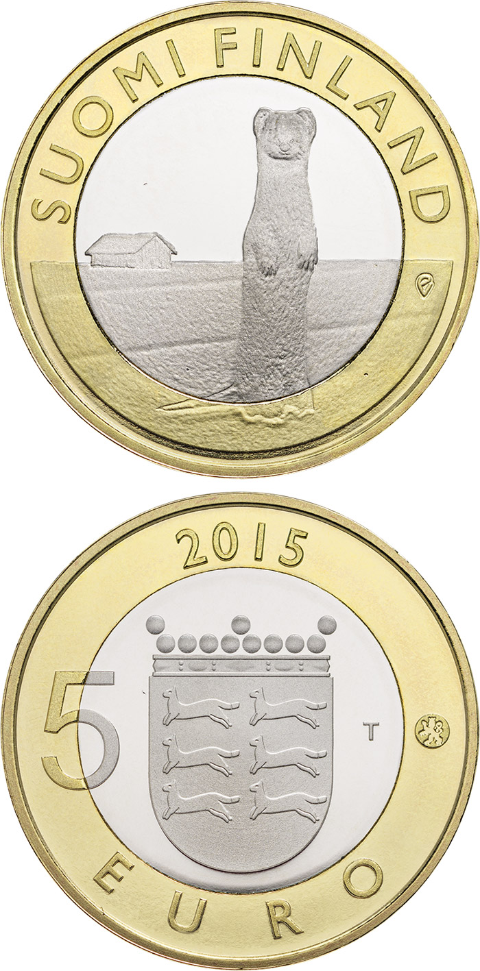 Image of 5 euro coin - Animals of the Provinces – Ostrobothnia | Finland 2015.  The Bimetal: CuNi, nordic gold coin is of Proof, UNC quality.