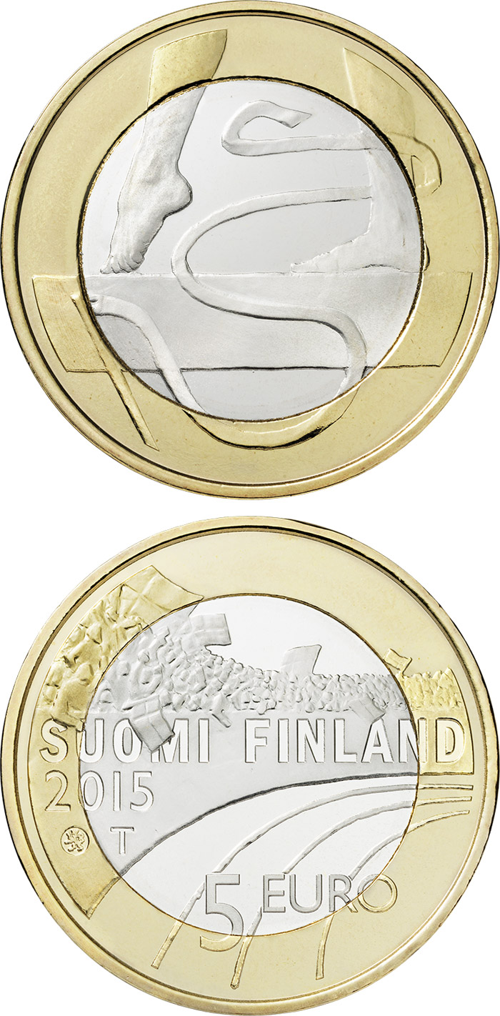 Image of 5 euro coin - Sports: Gymnastics | Finland 2015.  The Bimetal: CuNi, nordic gold coin is of Proof, UNC quality.