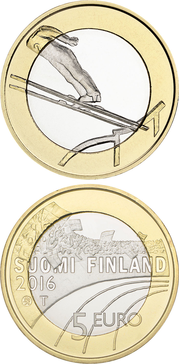 Image of 5 euro coin - Ski Jumping  | Finland 2016.  The Bimetal: CuNi, nordic gold coin is of Proof, UNC quality.