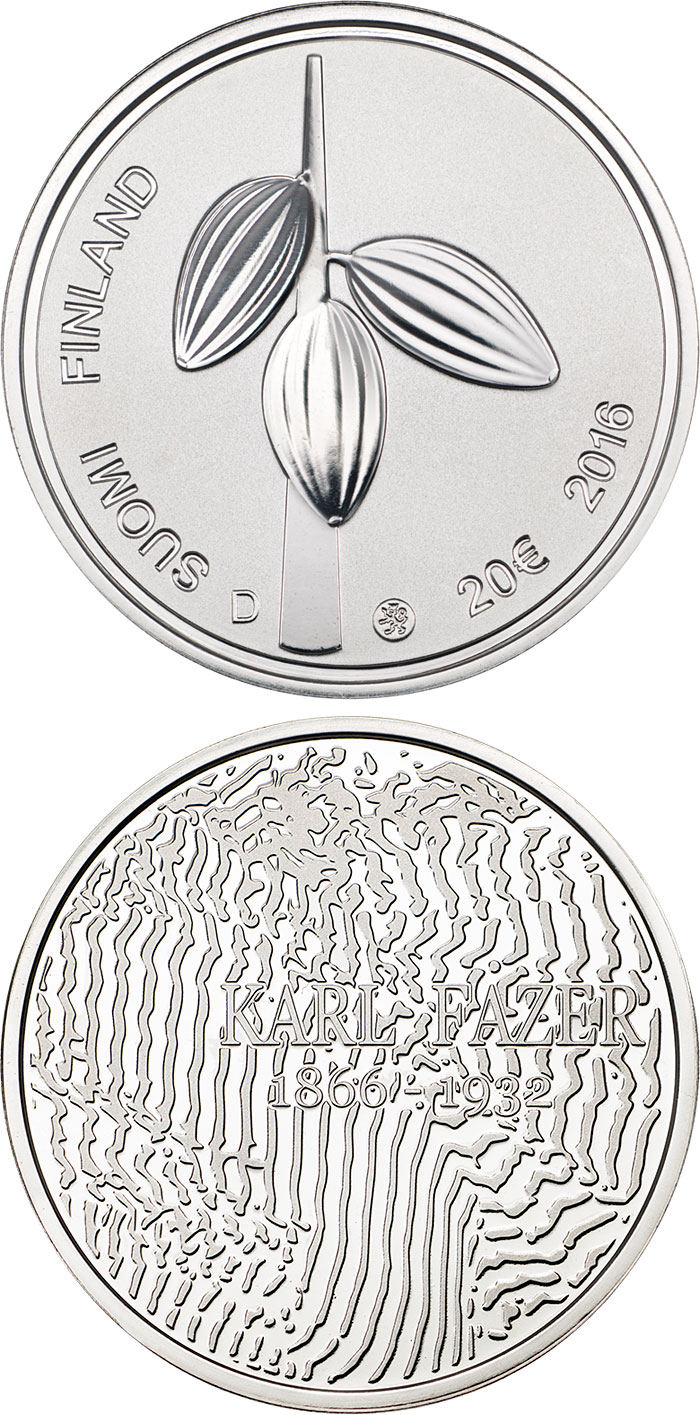 Image of 20 euro coin - 150th Anniversary of the Birth of Karl Fazer | Finland 2016.  The Silver coin is of Proof, BU quality.
